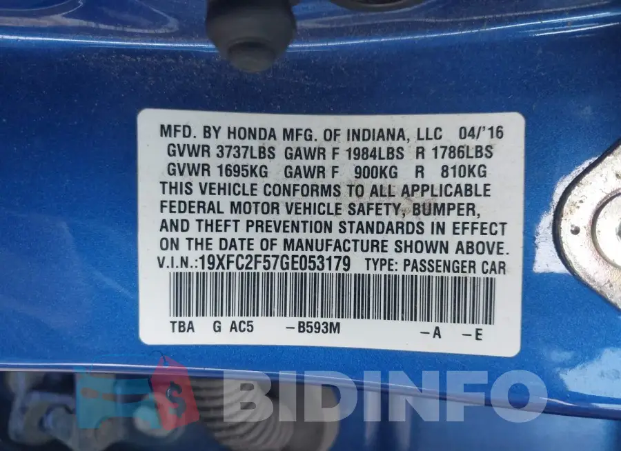 19XFC2F57GE053179 Photo# 9