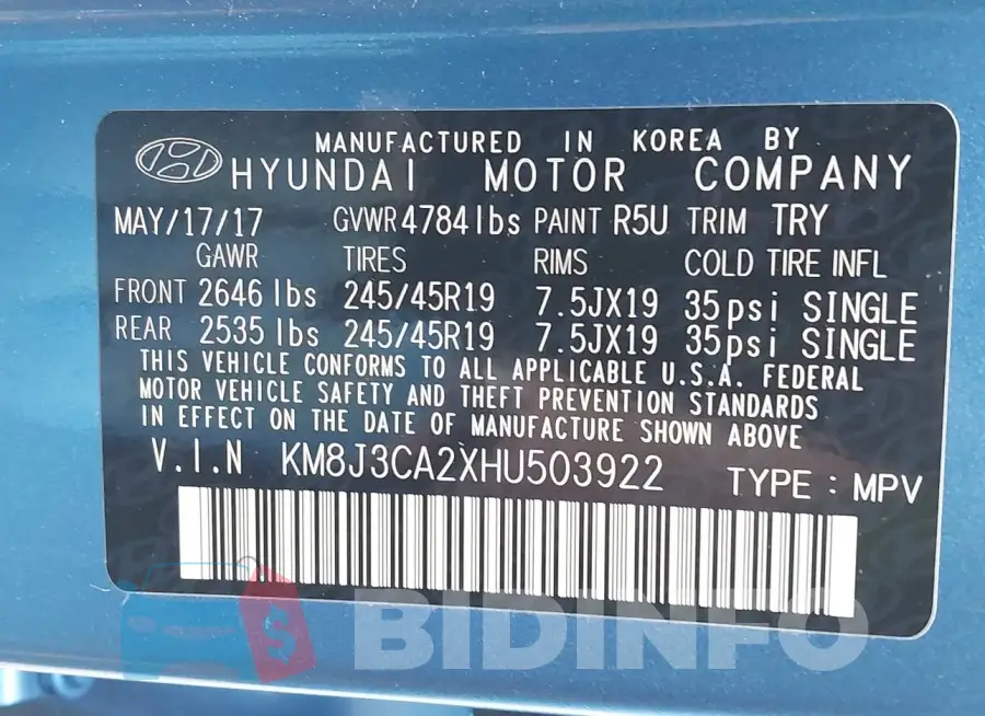 KM8J3CA2XHU503922 Photo# 9