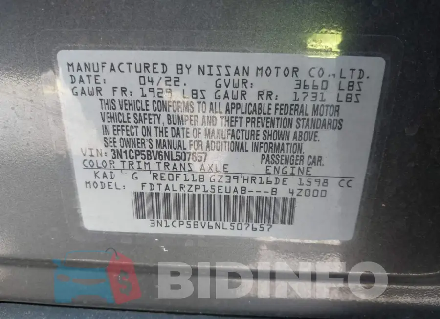 3N1CP5BV6NL507657 Photo# 9