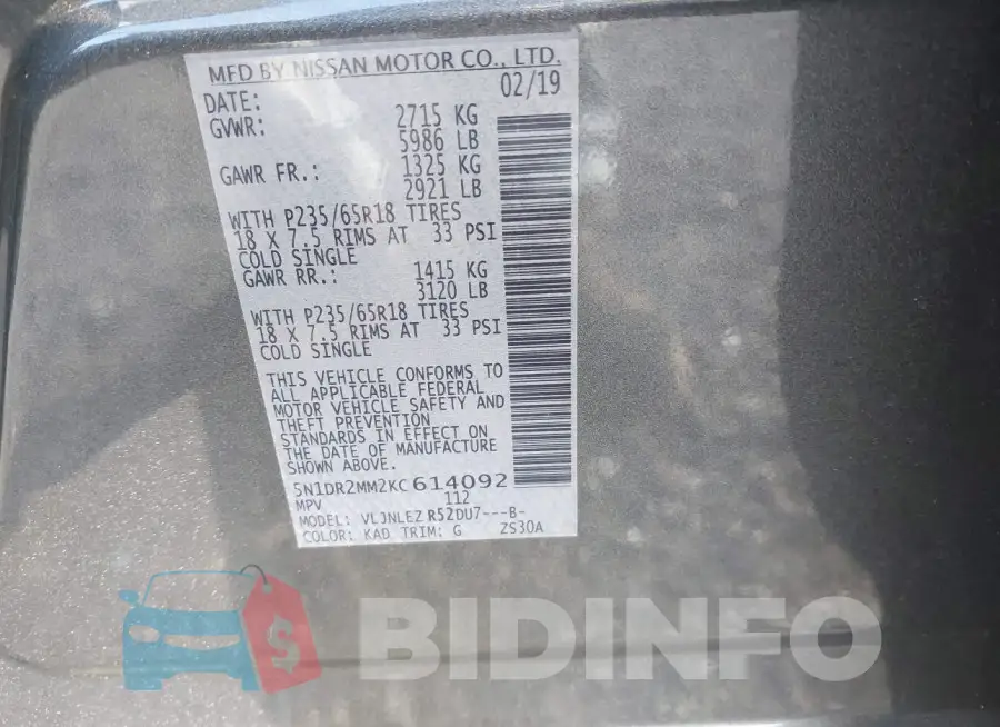 5N1DR2MM2KC614092 Photo# 9