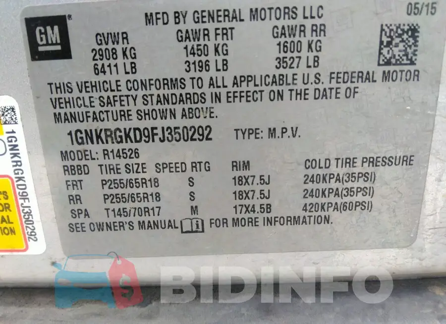 1GNKRGKD9FJ350292 Photo# 9