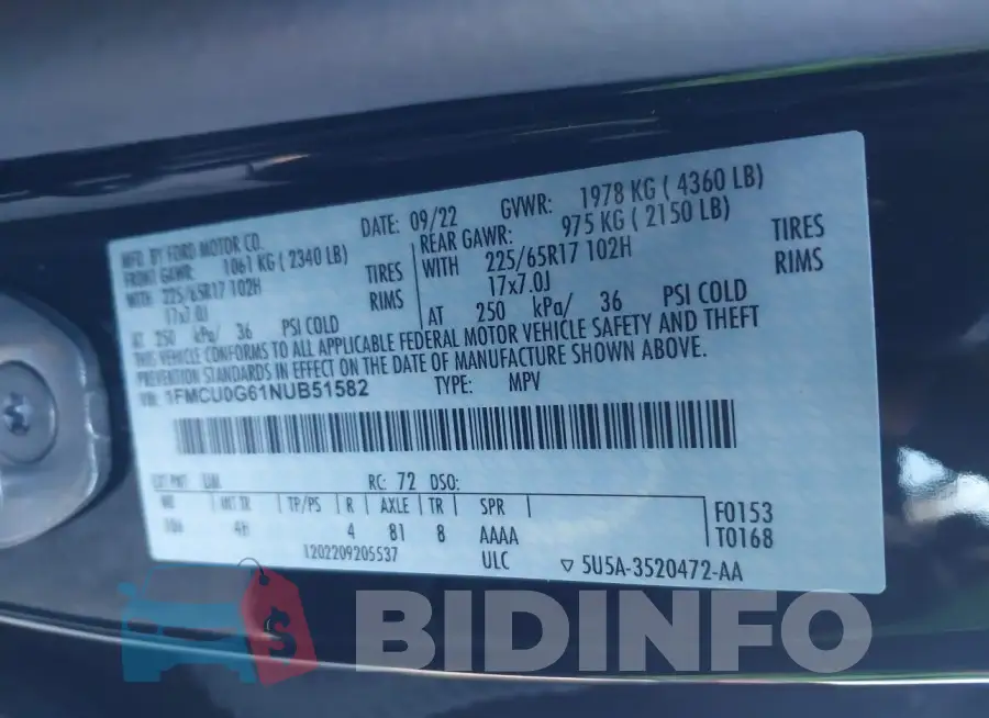 1FMCU0G61NUB51582 Photo# 9