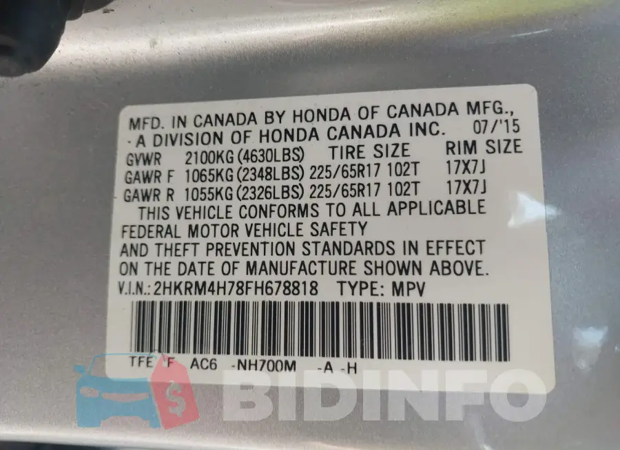 2HKRM4H78FH678818 Photo# 9