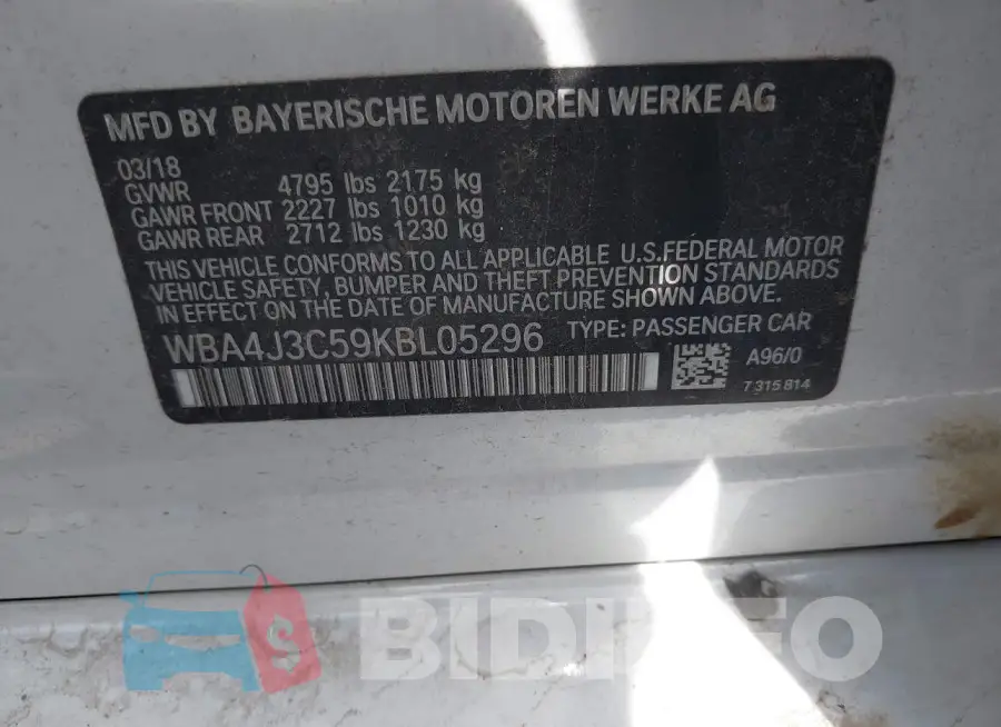 WBA4J3C59KBL05296 Photo# 9