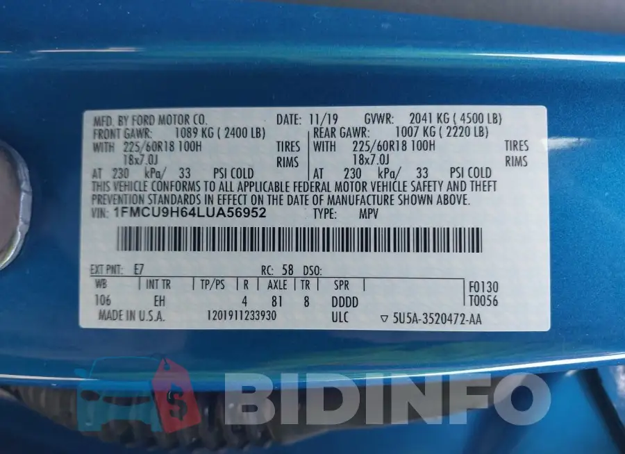 1FMCU9H64LUA56952 Photo# 9