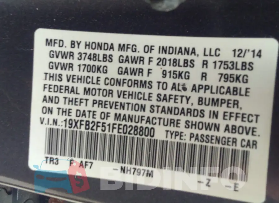 19XFB2F51FE028800 Photo# 9