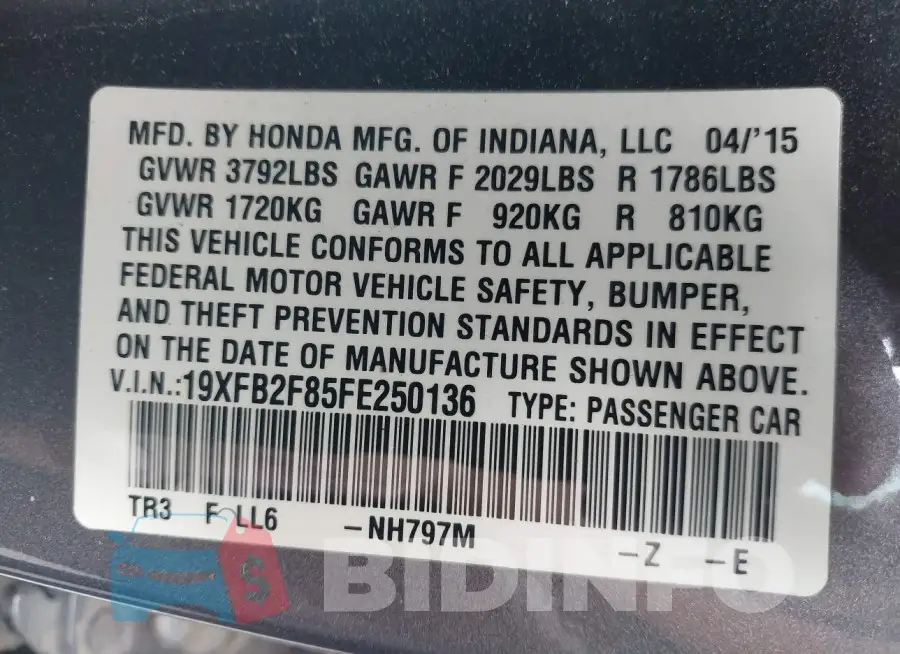 19XFB2F85FE250136 Photo# 9