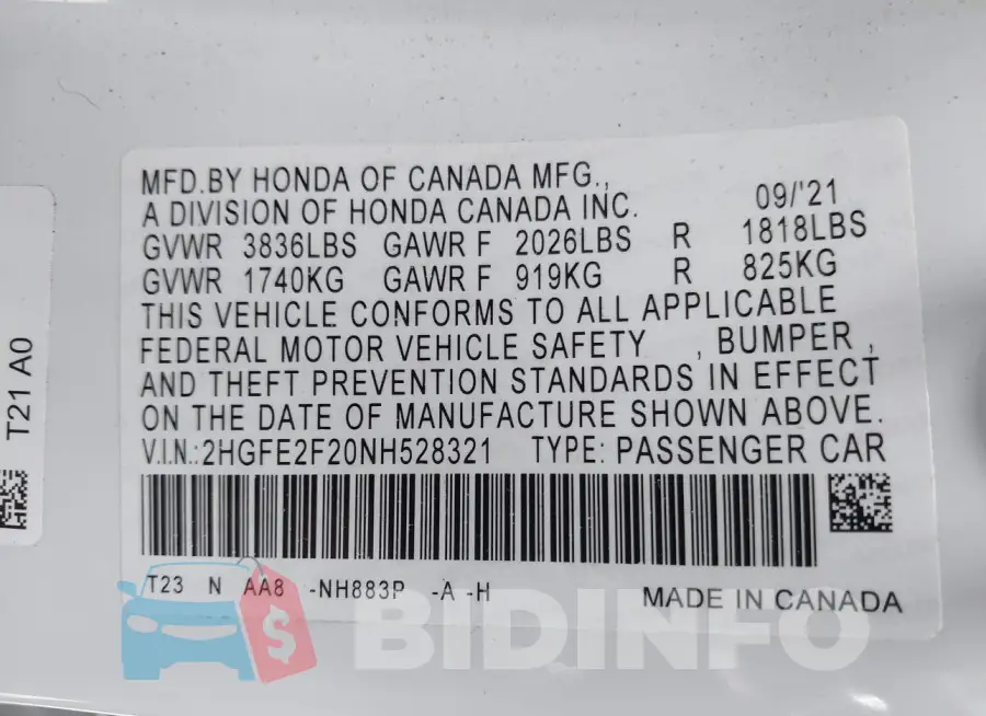 2HGFE2F20NH528321 Photo# 9
