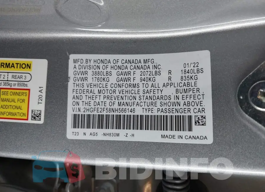 2HGFE2F58NH566146 Photo# 9