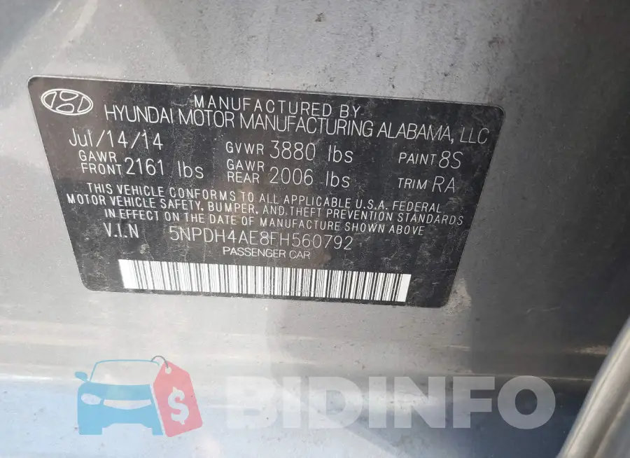 5NPDH4AE8FH560792 Photo# 9