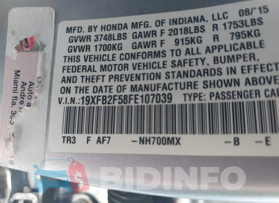 19XFB2F58FE107039 Photo# 9