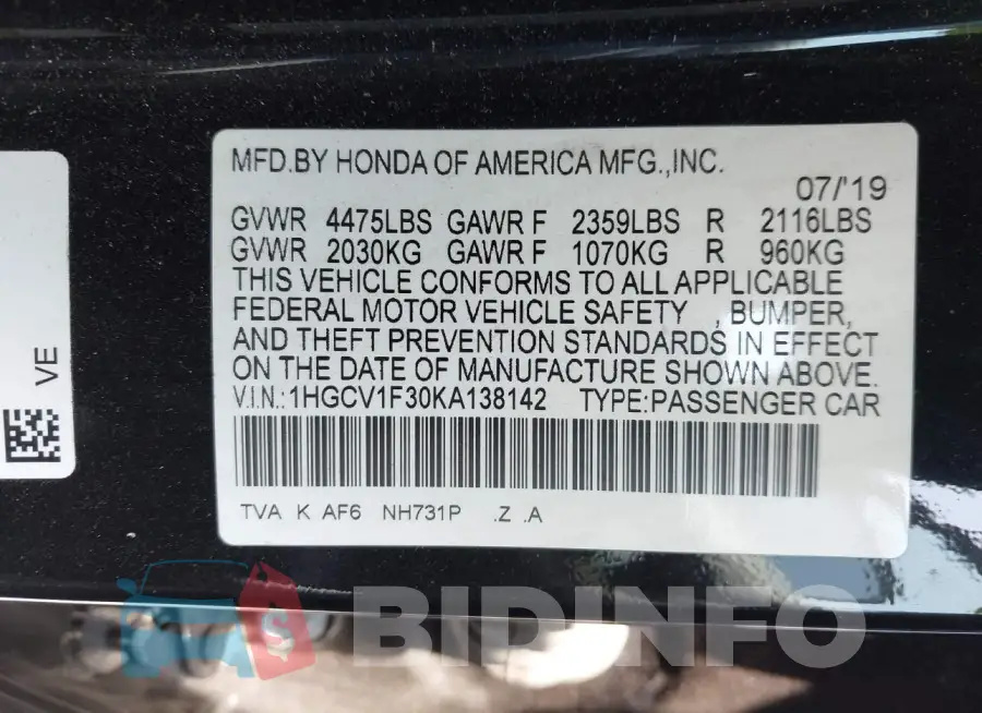 1HGCV1F30KA138142 Photo# 9