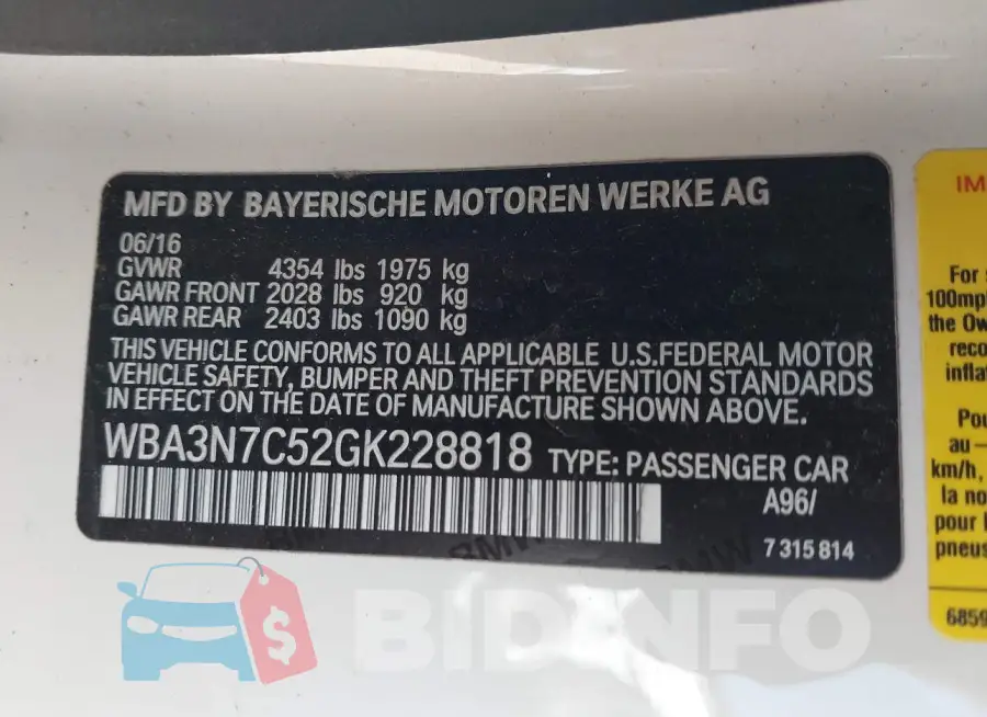 WBA3N7C52GK228818 Photo# 9