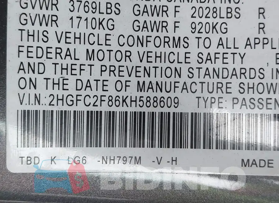 2HGFC2F86KH588609 Photo# 9
