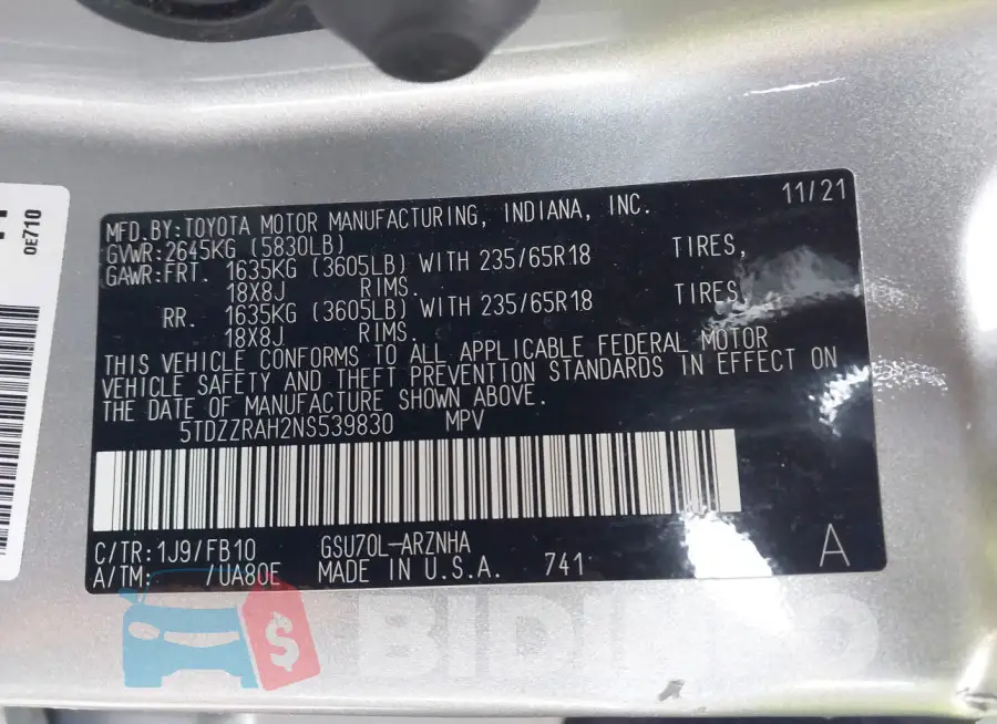 5TDZZRAH2NS539830 Photo# 9