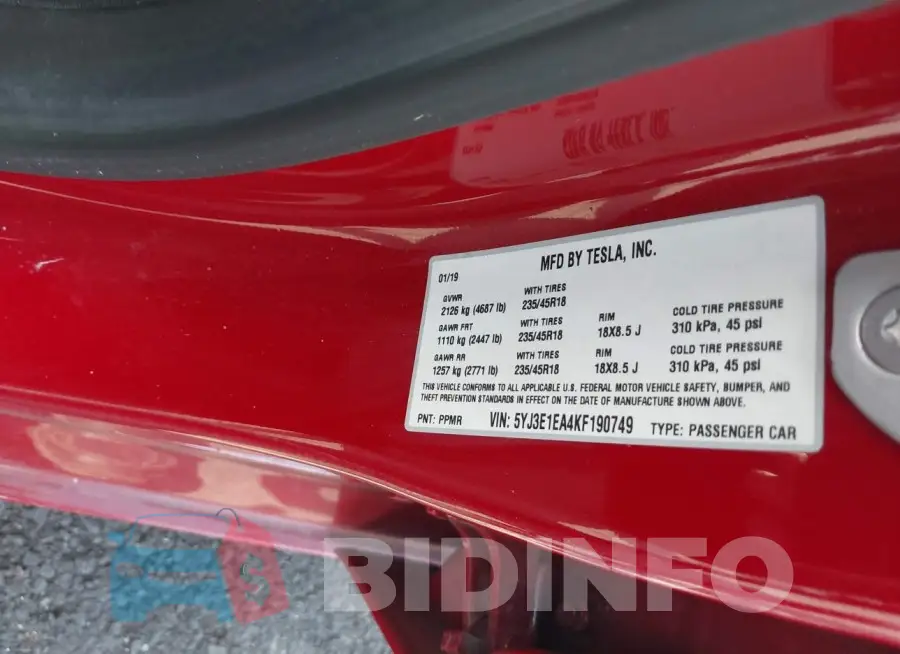5YJ3E1EA4KF190749 Photo# 9