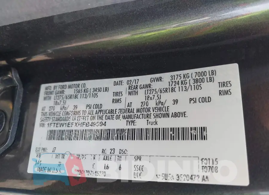 1FTEW1EFXHFB49094 Photo# 9