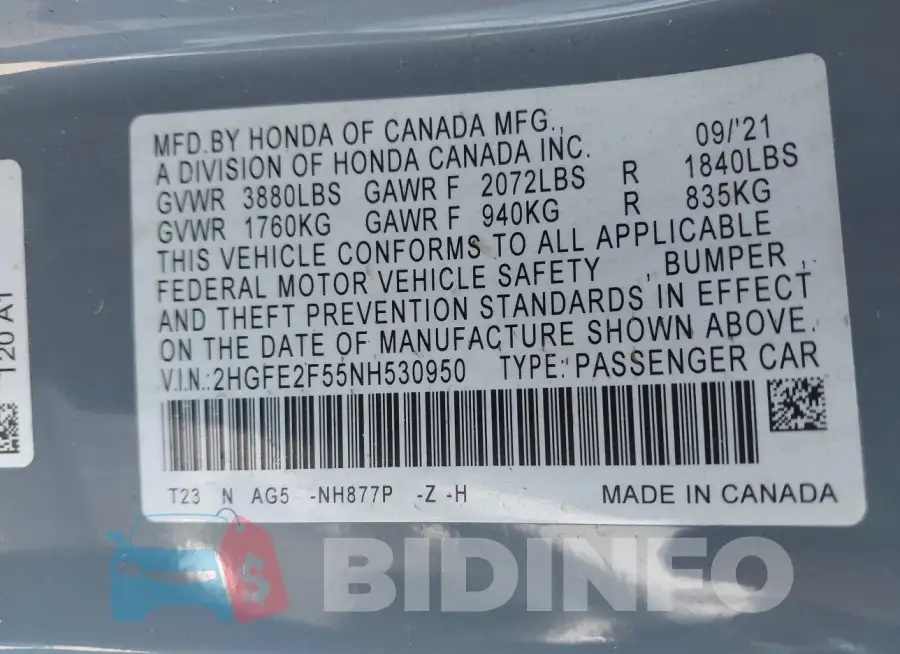 2HGFE2F55NH530950 Photo# 9
