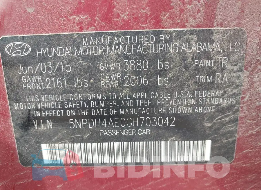 5NPDH4AE0GH703042 Photo# 9