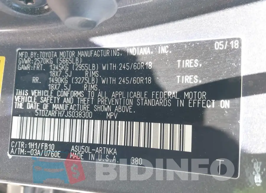 5TDZARFH7JS038300 Photo# 9