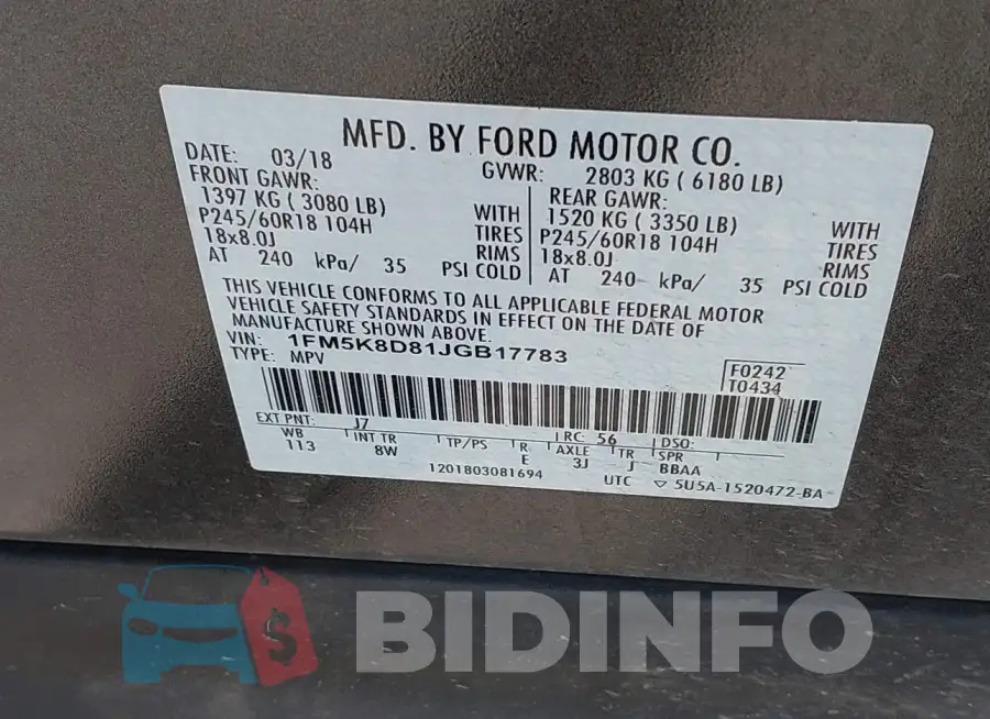 1FM5K8D81JGB17783 Photo# 9