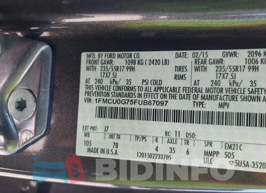 1FMCU0G75FUB67097 Photo# 9