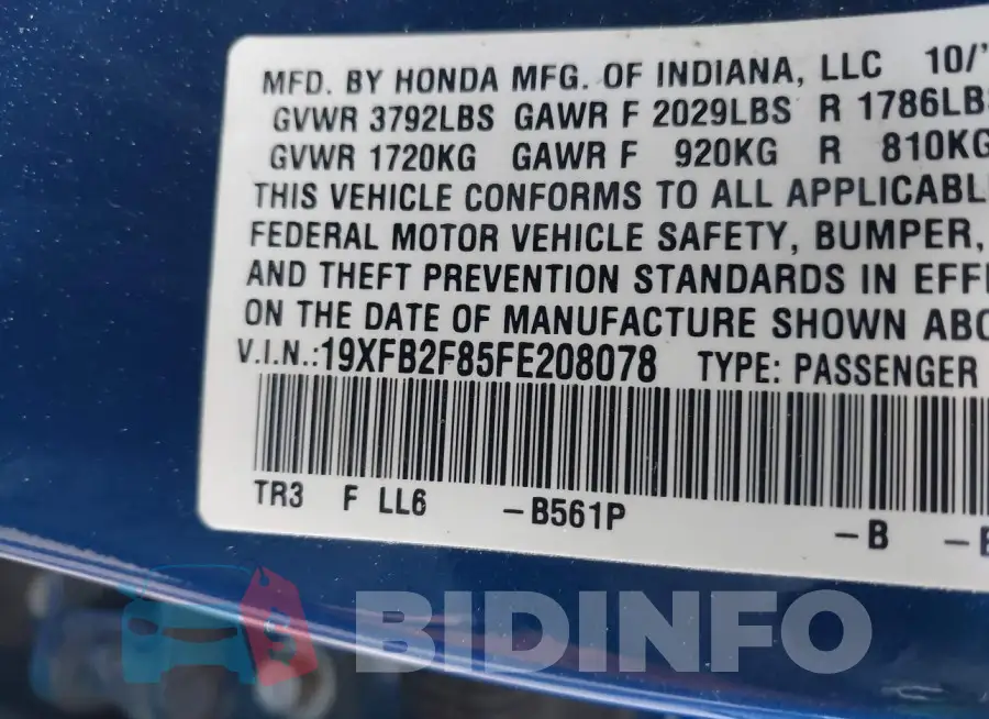 19XFB2F85FE208078 Photo# 9