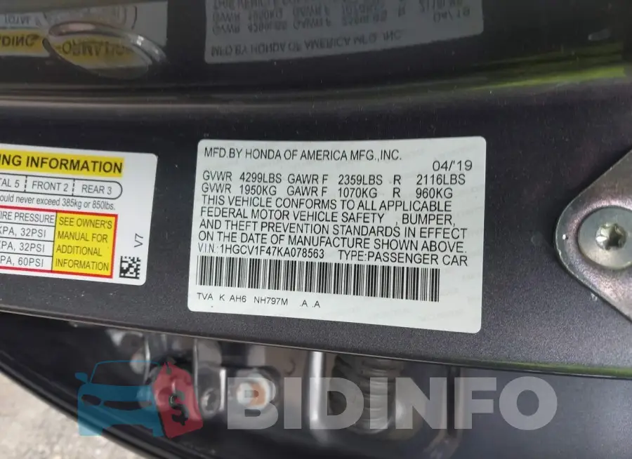 1HGCV1F47KA078563 Photo# 9