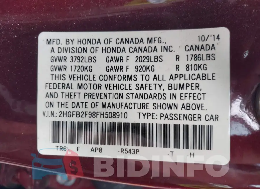 2HGFB2F98FH508910 Photo# 9