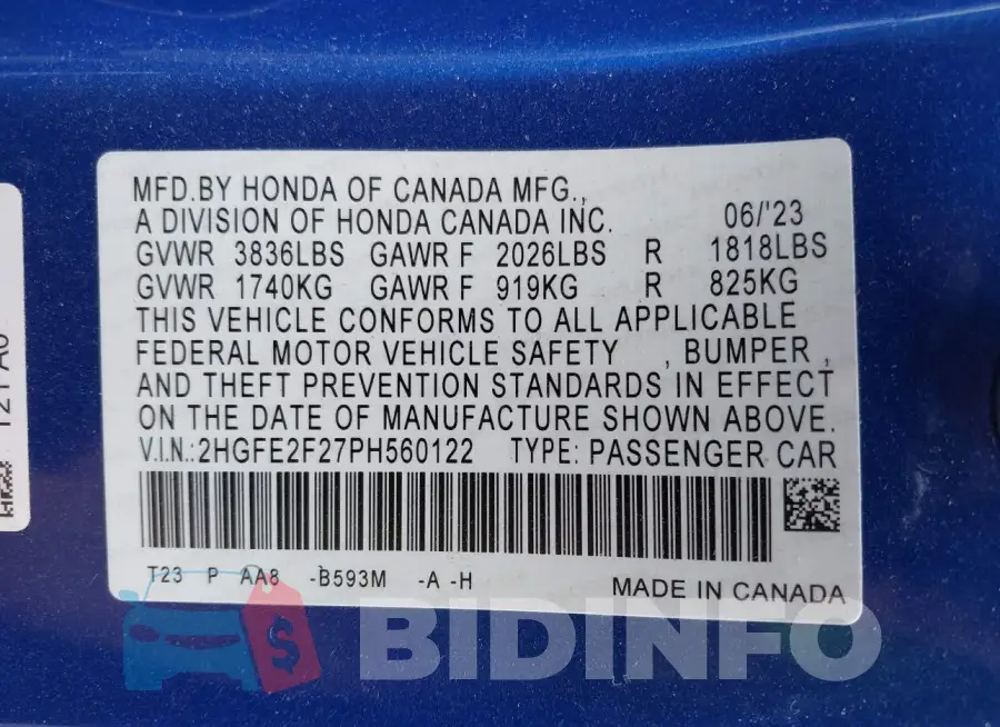 2HGFE2F27PH560122 Photo# 9