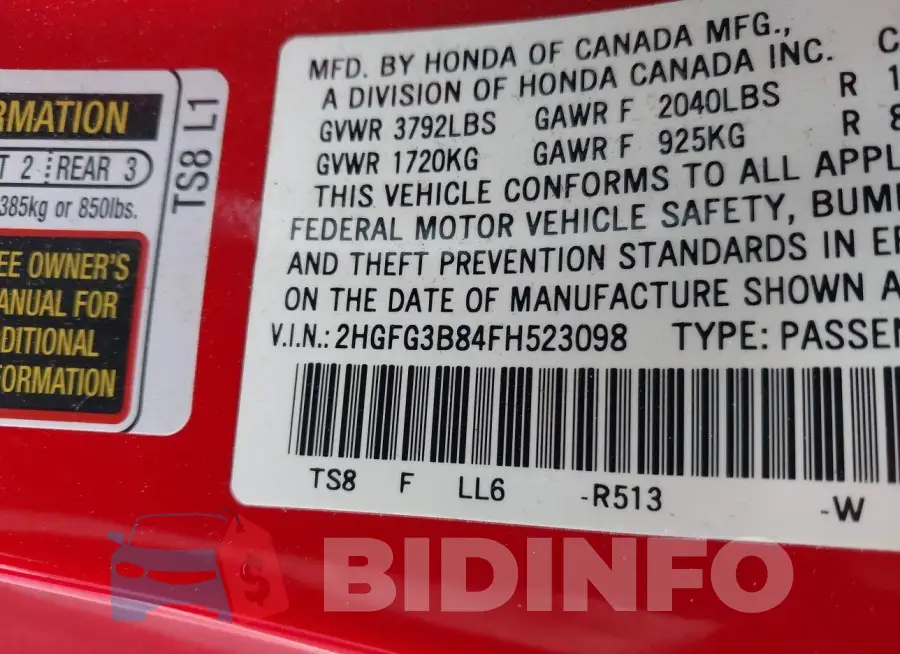 2HGFG3B84FH523098 Photo# 9