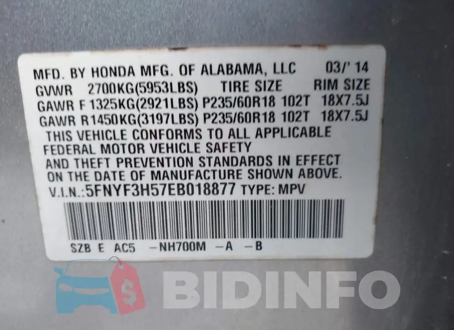 5FNYF3H57EB018877 Photo# 9