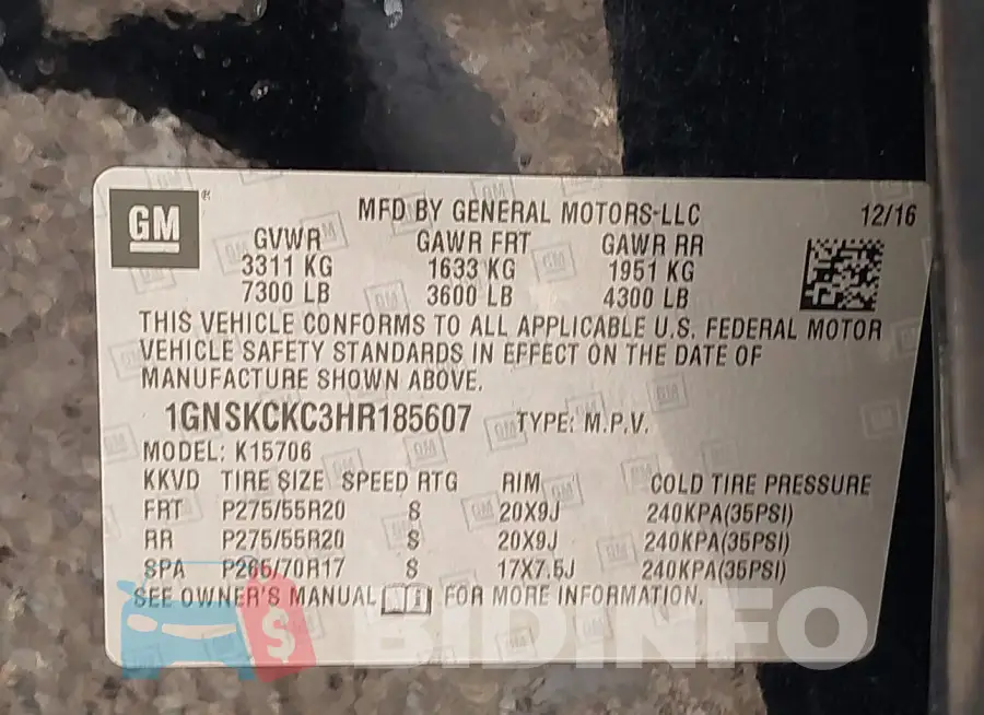 1GNSKCKC3HR185607 Photo# 9