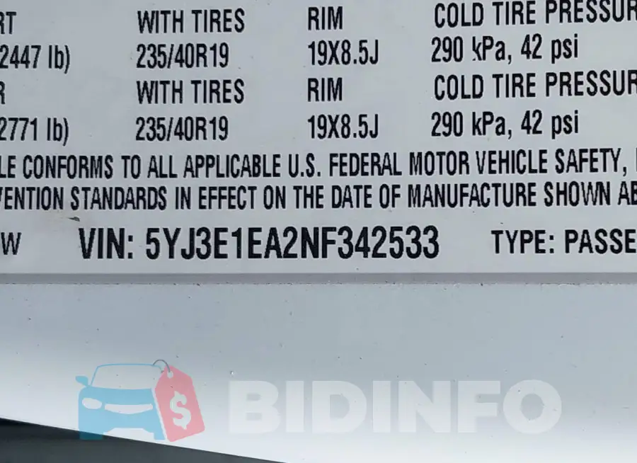 5YJ3E1EA2NF342533 Photo# 9