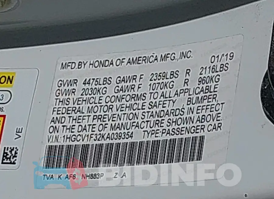 1HGCV1F32KA039354 Photo# 9