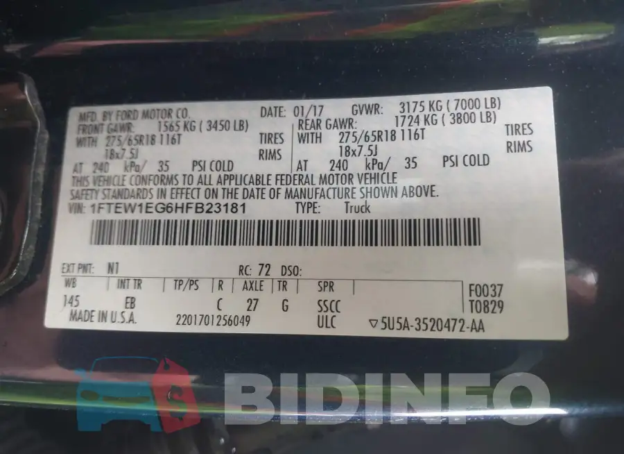 1FTEW1EG6HFB23181 Photo# 9