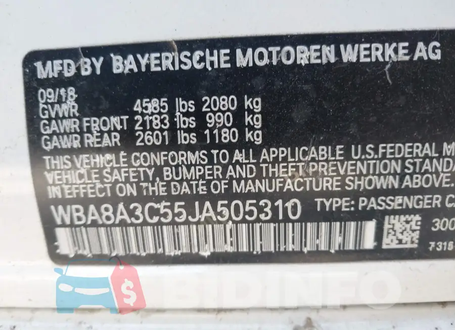 WBA8A3C55JA505310 Photo# 9