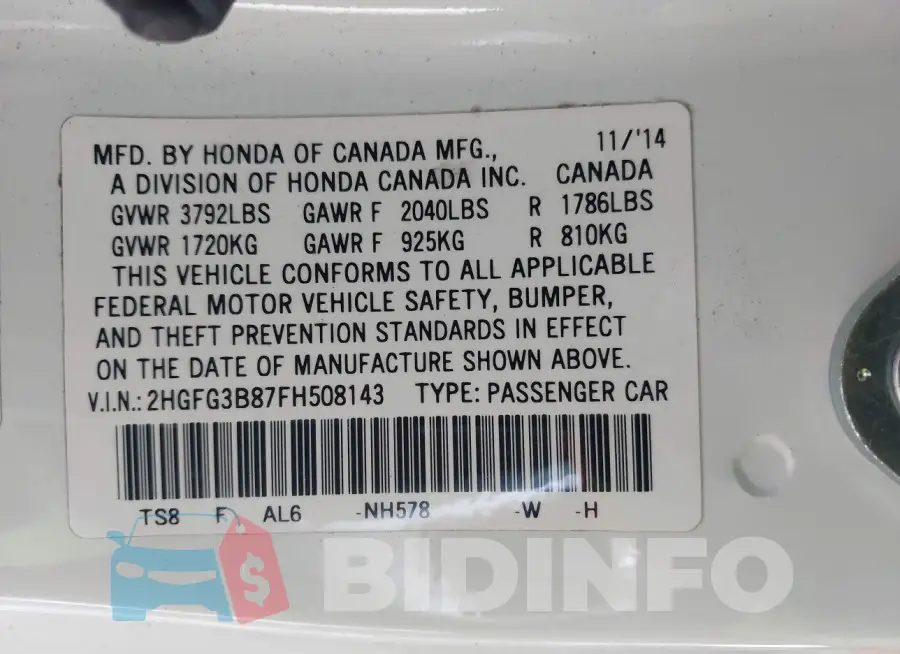 2HGFG3B87FH508143 Photo# 9