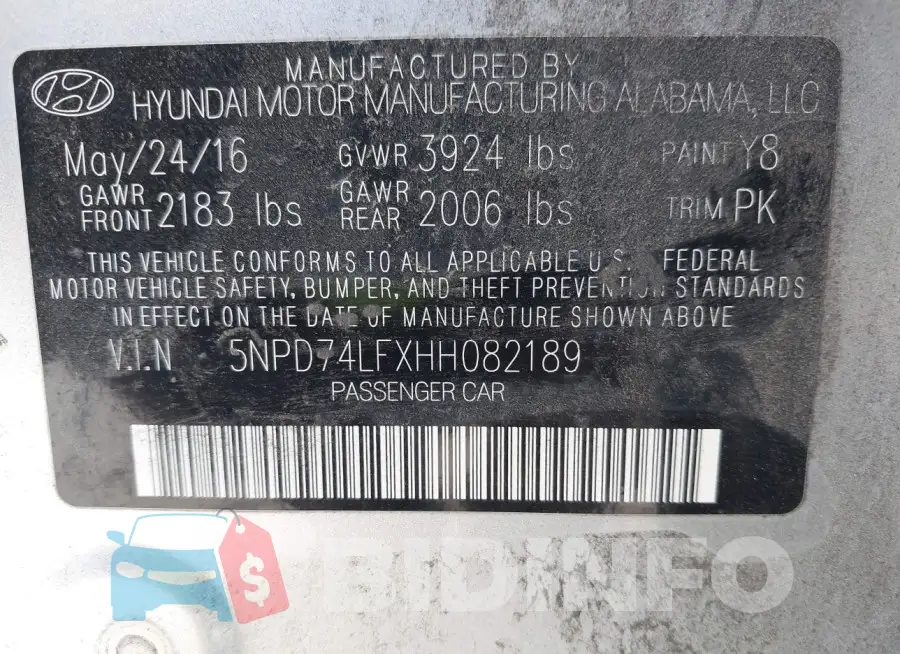 5NPD74LFXHH082189 Photo# 9