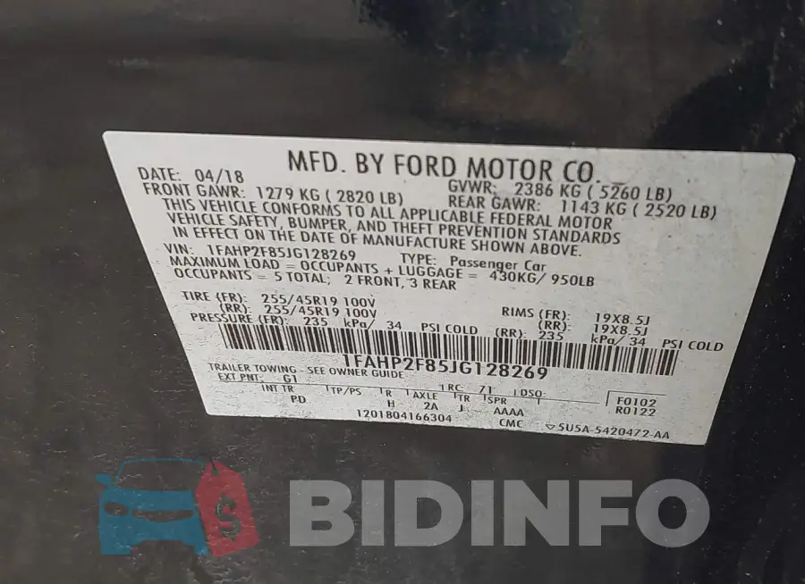 1FAHP2F85JG128269 Photo# 9