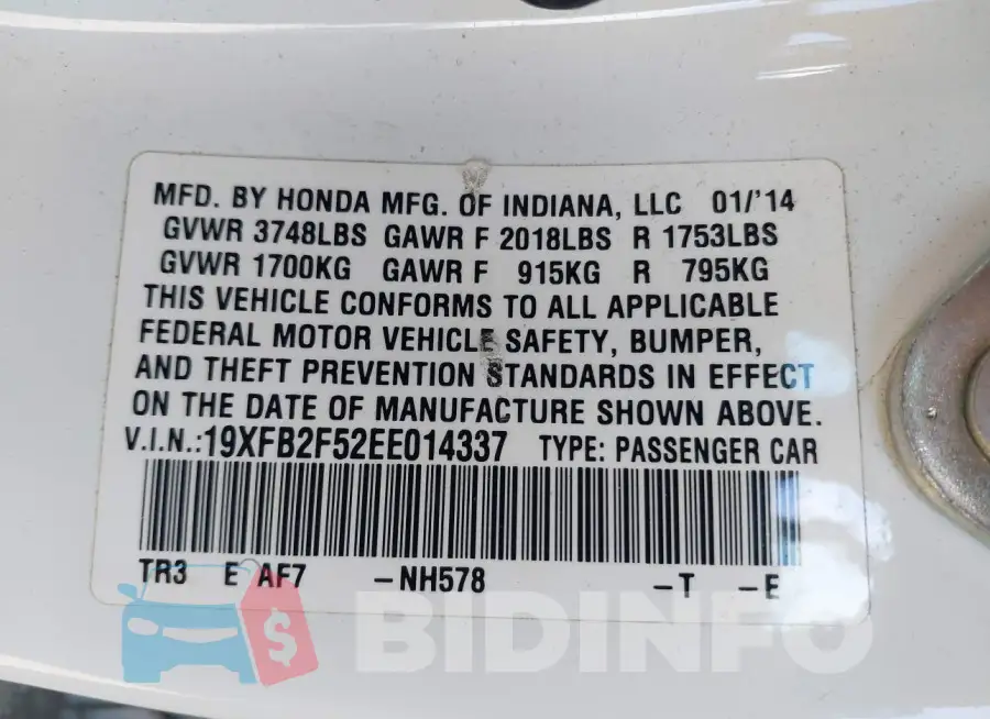 19XFB2F52EE014337 Photo# 9