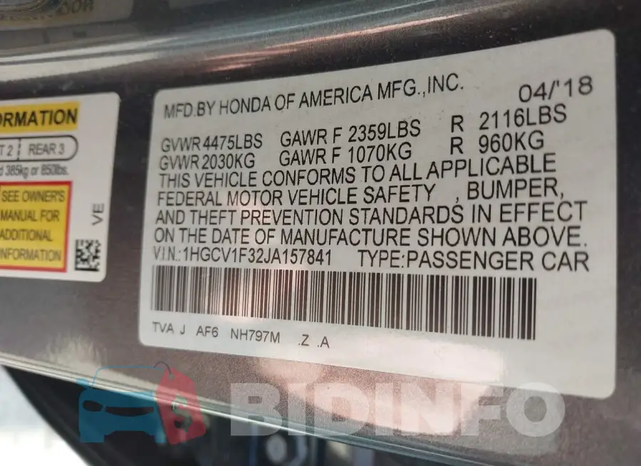1HGCV1F32JA157841 Photo# 9
