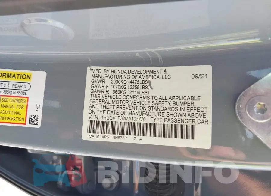 1HGCV1F32MA107770 Photo# 9