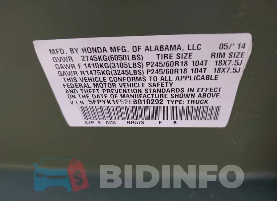 5FPYK1F52EB010292 Photo# 9