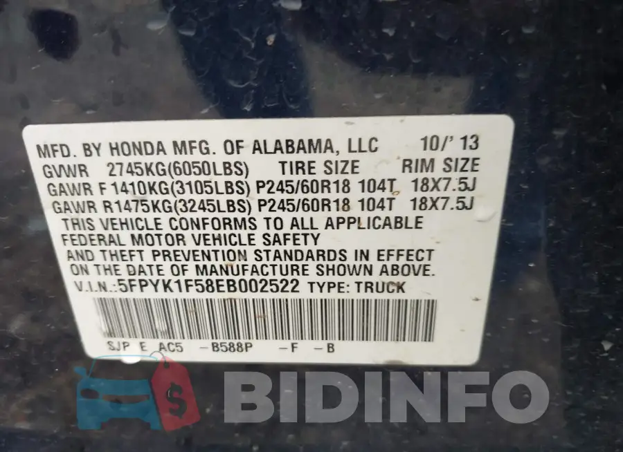 5FPYK1F58EB002522 Photo# 9