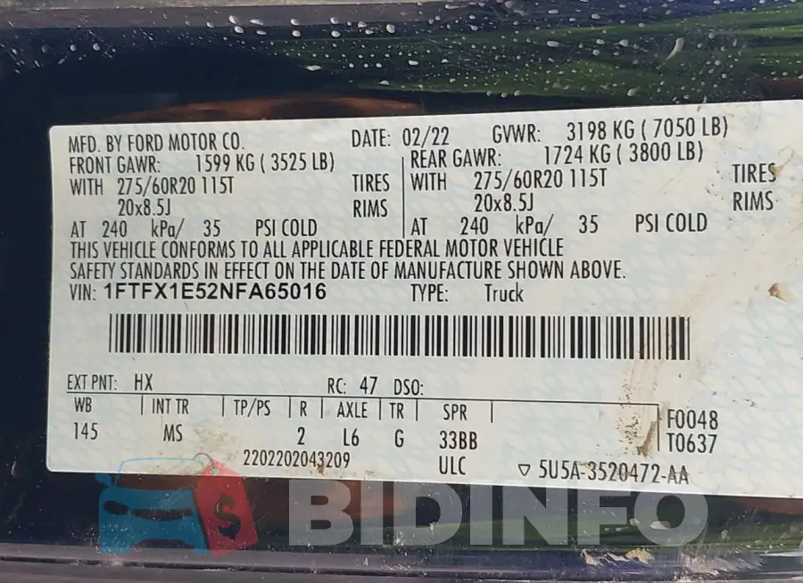 1FTFX1E52NFA65016 Photo# 9