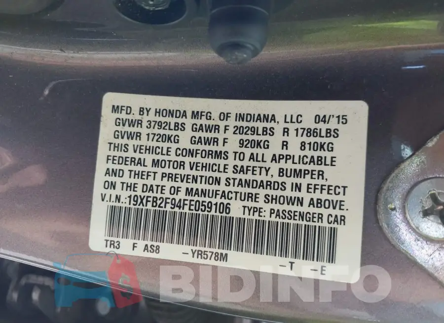 19XFB2F94FE059106 Photo# 9