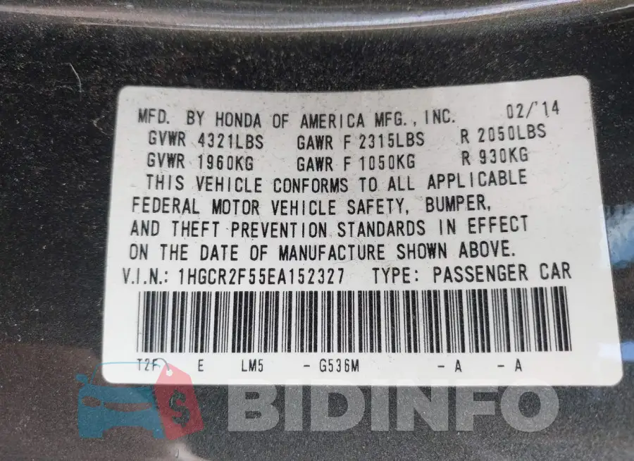 1HGCR2F55EA152327 Photo# 9
