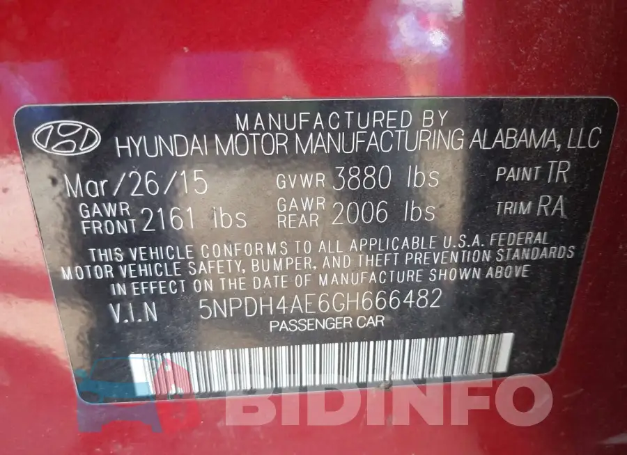 5NPDH4AE6GH666482 Photo# 9