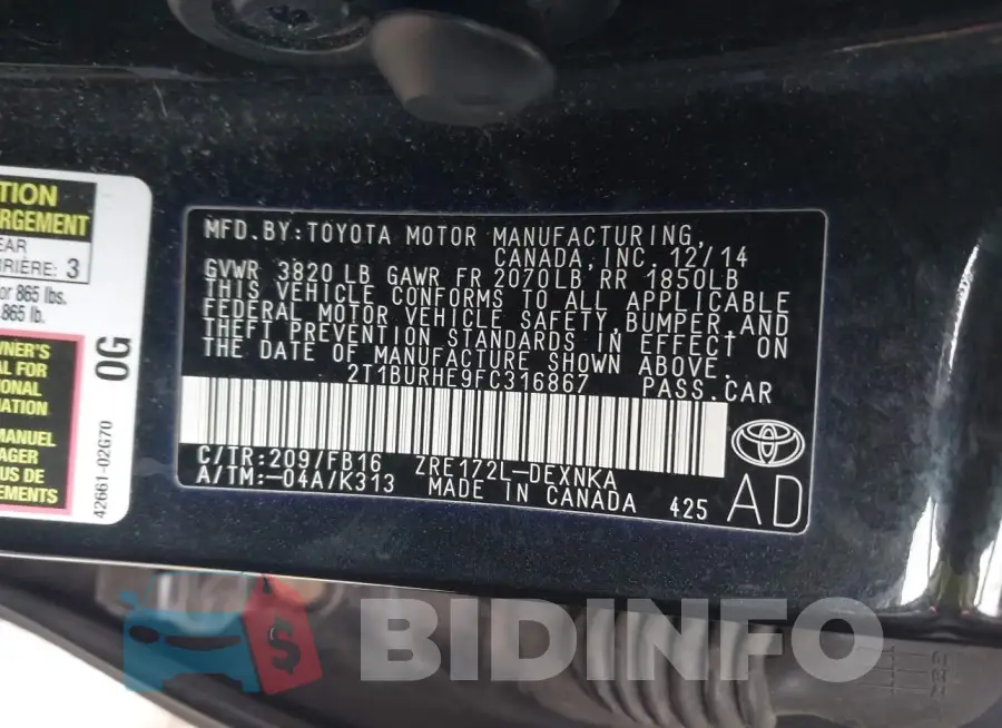2T1BURHE9FC316867 Photo# 9